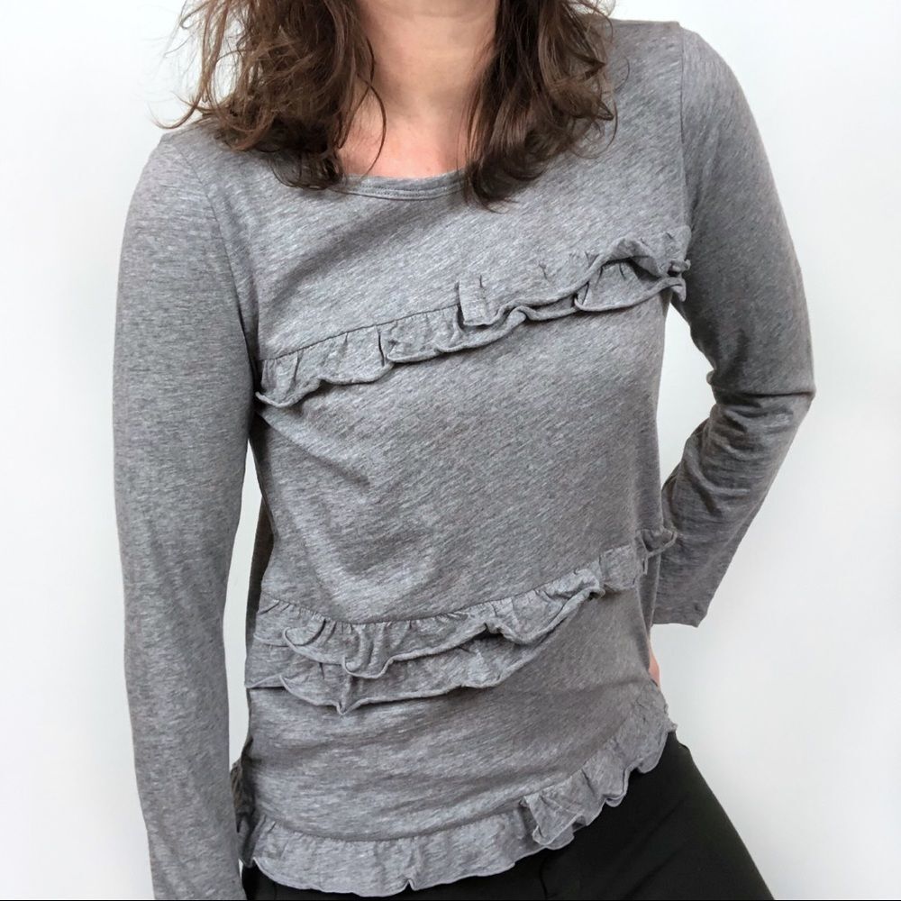 J. Crew Gray Vintage Cotton Ruffle Long Sleeve Top